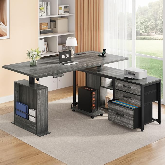 63 Inch L Shaped Desk with 3 Drawers Electric Standing Desks with Storage Computer Table Adjustable Height with Power Outlets 4 Memory Presets for Home Office, Grey