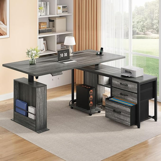 63 Inch L Shaped Desk with 3 Drawers Electric Standing Desks with Storage Computer Table Adjustable Height with Power Outlets 4 Memory Presets for Home Office, Grey