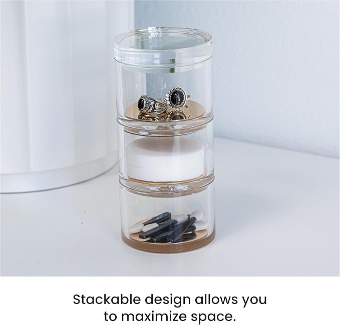 3-Tier Stackable Acrylic Holder, Clear with Rose Gold Base | Stylish desk organizer and storage for office or home, Transparent round design, Functional and elegant desk accessories