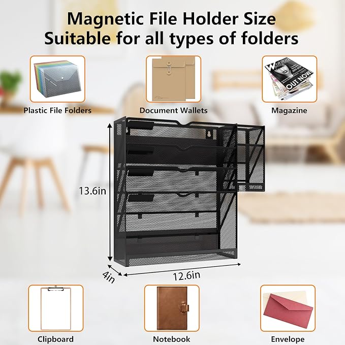 Magnetic File Holder, Magnetic File Organizer Wall Mount, 5 Tier Hanging Mail Organizer Folder Holder, Mesh Desk Accessories and Organizers, Paper Document Magazine Rack with 3 Pen Holder
