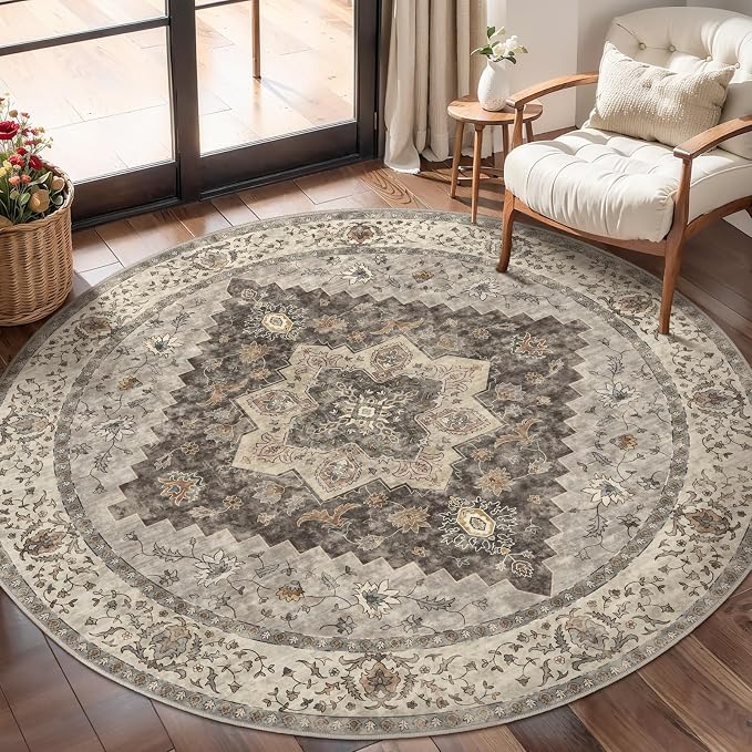 Tangsoo Vintage Round Rug 4ft Washable Circle Rug, Non Slip Small Farmhouse Round Rug, Boho Low Pile Circular Rugs, Round Carpet for Office Bedroom, Entryway, Nursery, Dorm, Kitchen, Grey/Multi