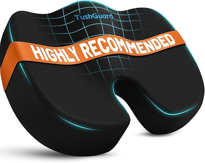 TushGuard Seat Cushion for Office Chair, Memory Foam Chair Cushion, Black | Office Chair Cushion for Car, Airplane - Chair Pad, Butt Pillow for Long Sitting Sciatica, Hip, Coccyx,Tailbone Pain Relief