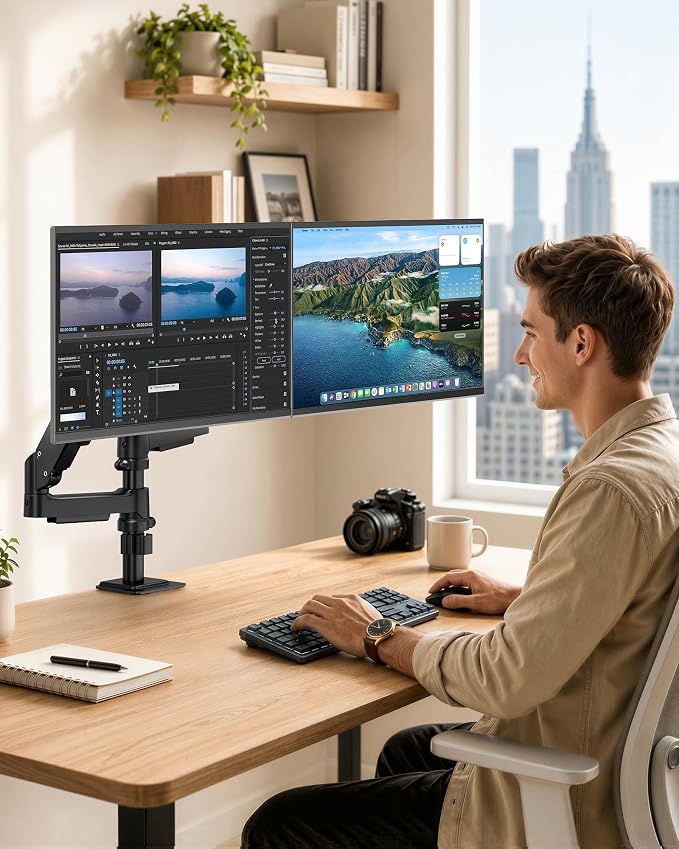 Dual Monitor Stand for 17-32 Inch Screens, Gas Spring Arms | Full Motion Mount with Cable Management, Support up to 19.8 lbs，Computer Monitor Arm with Clamp/Grommet Base