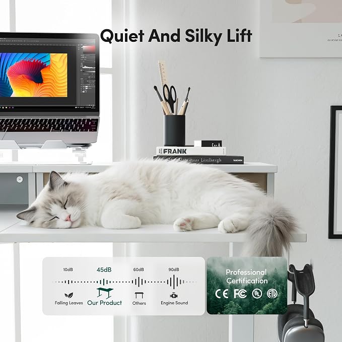 CubiCubi L Shaped Standing Desk with Drawers 63 x 48 Inch Adjustable Height, Electric Corner Desk with Storage, Sit Stand Home Office Desk with Splice Board, White
