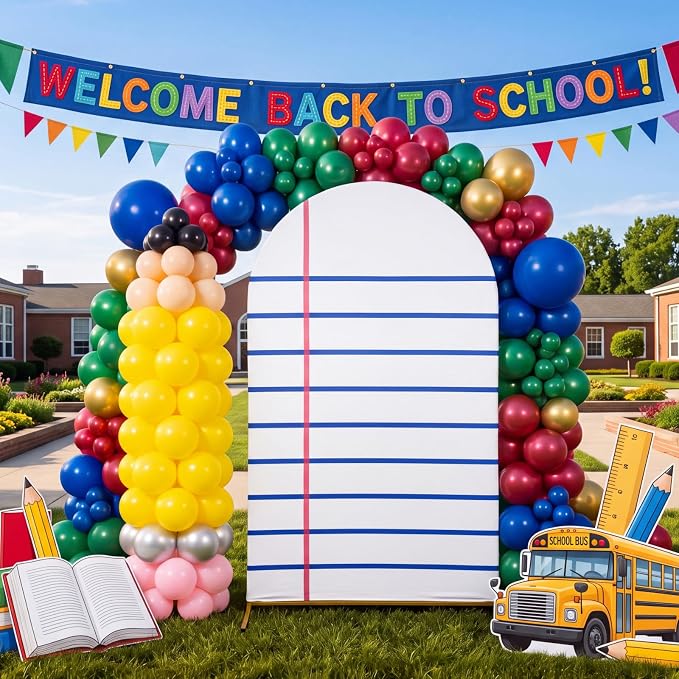 SmoothNovelty 193 Pcs Back to School Arch Backdrop Cover, 7.2 ft Notebook Arch Cover and Pencil Balloons Stand Kit Welcome Back Background Party Supplies Decor for First Day of School Kindergarten