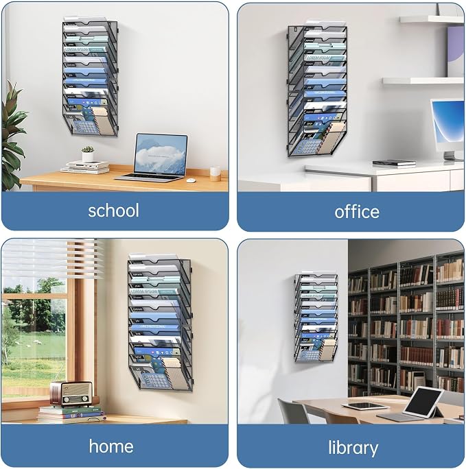 10 Tier Wall Hanging File Organizer, Paper Folder Holder Wall Mounted, Metal Mail Sorter for Office Home School, Black 2 Pack