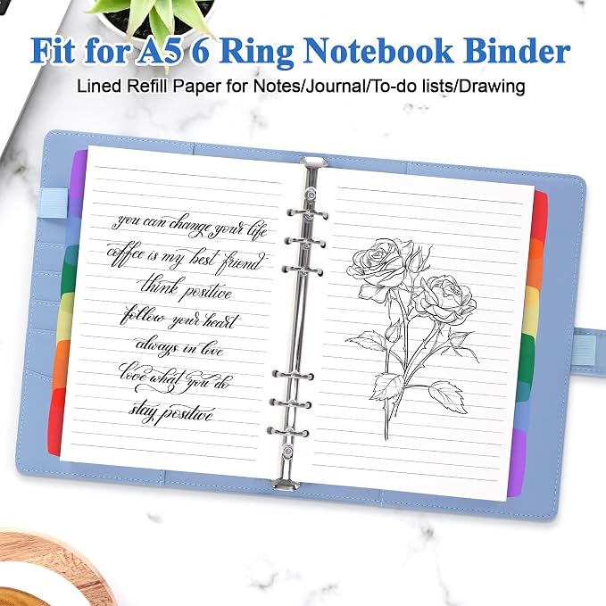 Antner A5 Lined Refill Paper 6 Hole Planner Inserts for A5 6 Ring Binder, 135 Sheets Wide Ruled Lined Filler Paper Loose Leaf Refills with 12PCS Binder Dividers for Refillable Notebook, Bullet Journal