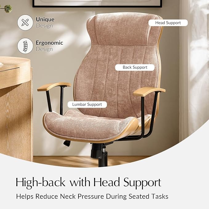 HULALA HOME Solid Wood Office Chair with High Backrest, Spice | Mid Century Modern Bentwood Desk Chair with Tilt Function, Swivel Fabric Computer Task Chair, Height Adjustable, Metal Base