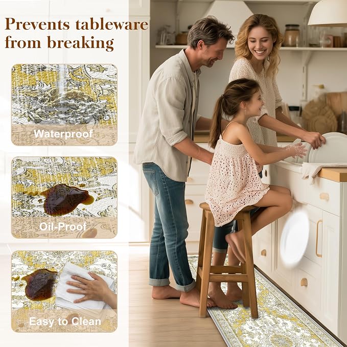 Boho Kitchen Mats for Floor 2 Piece Set Anti Fatigue Cushioned PVC Kitchen Rugs Non Slip Waterproof Farmhouse Mats 2/5 Inch Comfort Standing Mat for Sink, Laundry, 17.3"x47"+17.3"x28", Yellow