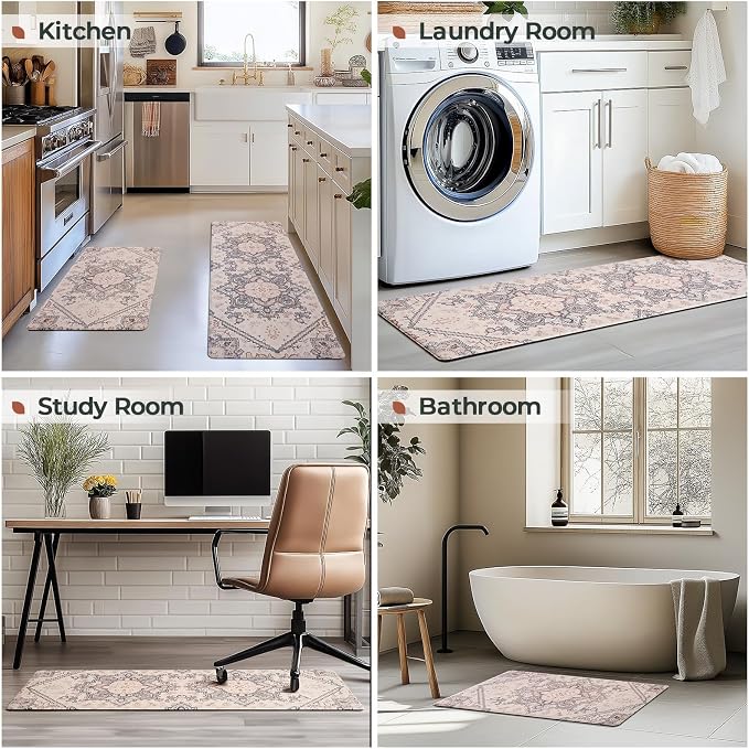 FRESHMINT Boho Kitchen Mat Set 2 Piece, 17x30''+17x47'', Natural Beige | Anti-Fatigue, Non Slip, Comfort, Kitchen Decor, Easy to Clean, Waterproof, Perfect for Kitchen, Laundry, Office