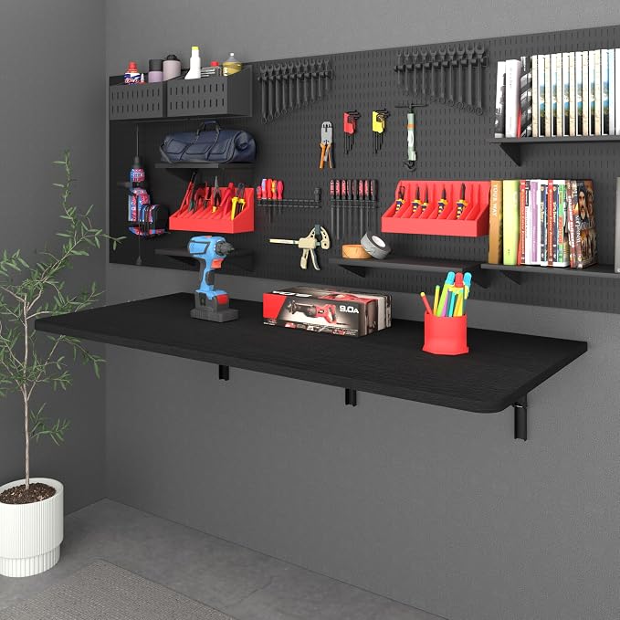 IAE 48" x 22" Floating Foldable Desk,Wall-Mounted Folding Computer Table with Engineered Wood,Study Table with Shelf Brackets,Fold Down Shelf,Fold Computer Desk for Small Apartment,Holds 500 lb,Black