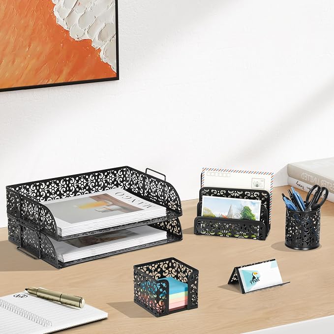 EasyPAG Desk Organizers and Accessories 5 Pieces Office Supplies Set - 2 Tier Paper Tray, Pencil Organizer for Desk, Mail Sorter Countertop, Business Card Holder and Sticky Note Holder, Black