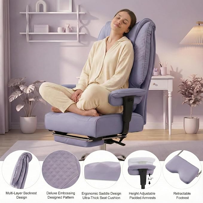 Big and Tall Office Chair 400lbs Wide Seat, Leather High Back Executive Office Chair with Foot Rest, Ergonomic Chairs Lumbar Support for Lower Back Pain Relief (Light Purple)