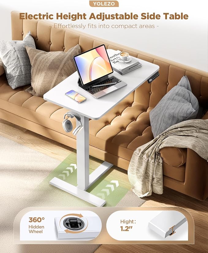 24"x 16" Electric Overbed Table, Rolling Laptop Desk for Bed, White | Height Adjustable Bedside Desk with Hidden Wheels, Mobile Standing Desk for Sofa, Home Office & Hospital Use