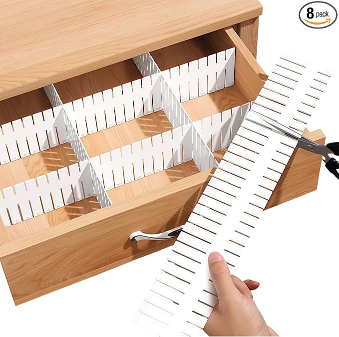 Keeshibaio Drawer Dividers 8 Pack 18.5" Long, Adjustable Drawer Organizer | Extra Long Tool Box Drawer Dividers,for Kitchen Bedroom, Plastic Drawer Separators for Clothes Socks Underwear Cutlery Tools