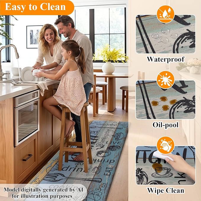 HEBE Anti Fatigue Kitchen Rugs Set of 2, Non Slip Cushioned Kitchen Mats for Floor, Waterproof Farmhouse Comfort Standing Desk Mat for Kitchen Sink,Office,Laundry