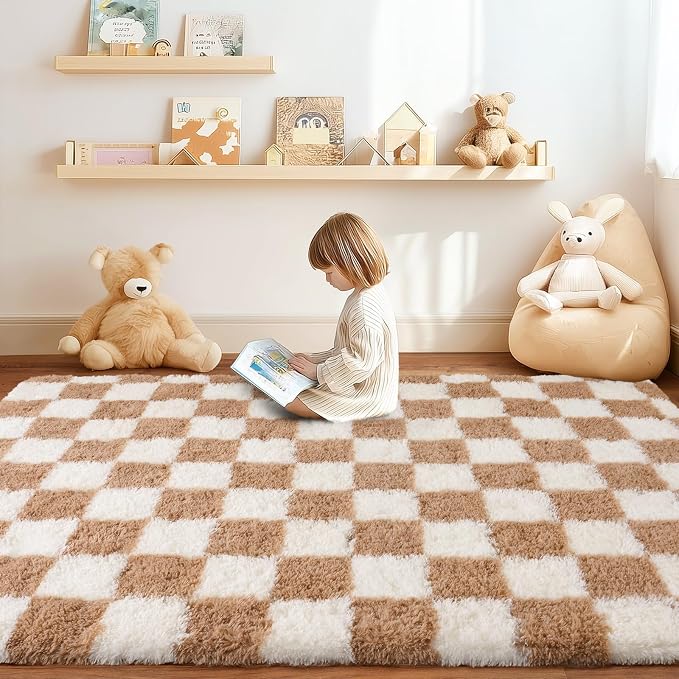 Checkered Rug 4x6 for Bedroom, Ultra Fluffy Shag Area Rugs for Living Room, Upgrade Anti-Skid High Pile Soft Rug Fuzzy Carpet for Living Room Bedroom Kids Room Nursery, Dorm Home Decor, Cream & Camel
