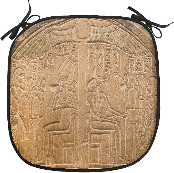 Lunarable Egyptian Print Chair Cushion Pads Set of 2, Egyptian Hieroglyphs on The Wall Stone Surface Scripts Arts Theme Image, Anti-Slip Seat Padding for Kitchen & Patio, 16"x16", Pale Brown