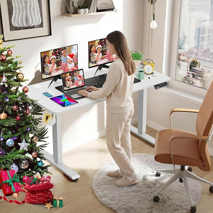 farexon 55 x 24 inch Standing Desk Electric Adjustable Height with Power Outlets, Mouse Pad, Wheels, Stand up Desk with Ergonomic Workstation, 4 Preset Heights Easy to Set(White)