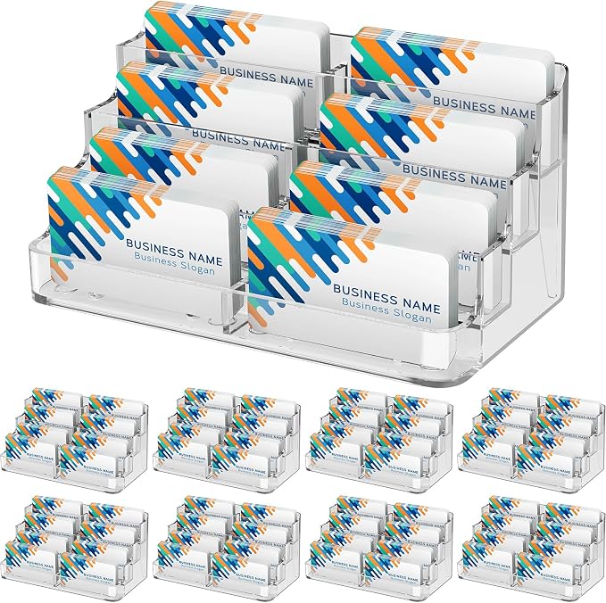 MaxGear 8 Pack Acrylic Business Card Holder, Card Display Stand, 8 Pockets | 4-Tier Freestanding Design, Clear Acrylic Construction, Fits Standard Business Cards for Reception, Office and Countertops