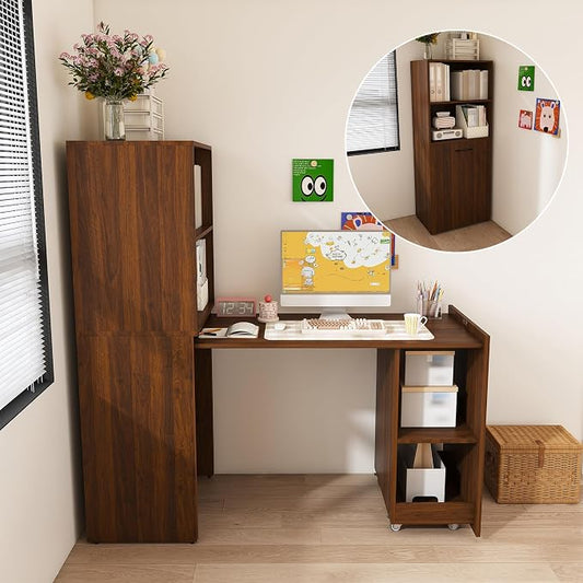 Walnut Murphy Desk with Storage Shelves, Wood Folding Desks for Small Spaces, Expandable Hideaway Computer Desk, Space Saving Pull Out Study Table for Bedroom Apartment (Walnut,)