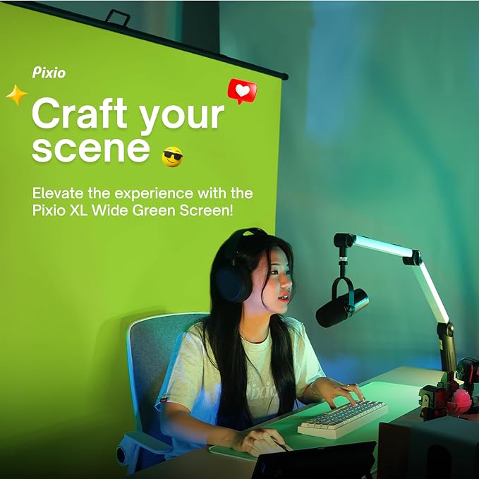 [Wide Version] Pixio Green Screen Extra Large Backdrop 78" L x 78" W - Free Standing, Portable, Collapsible, Auto-Locking Green Screen Background for Photoshoots, Filming, Streaming, TikTok, Zoom