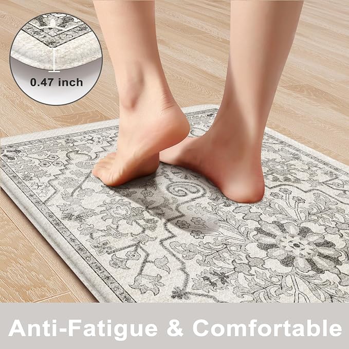 KIMODE Anti Fatigue Kitchen Mats for Floor, Boho Distressed Kitchen Rugs | 2 Piece Memory Foam Cushioned Kitchen Floor Mats, Summer Standing Desk Mats for Laundry Office Sink Grey 20"x59"+20"x32"