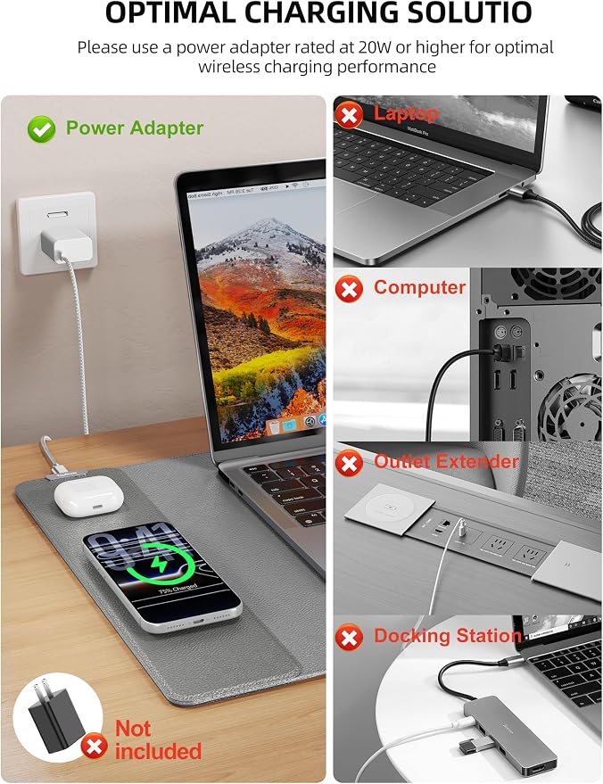 TopMade Mouse Pad with 15W Wireless Charging, XXL Large Leather Desk Mat, Waterproof Gaming Mousepad Home Office Desk Pad Protector, Computer Keyboard Pad, Mouse Mat for MacBook, PC, Laptop, Gray