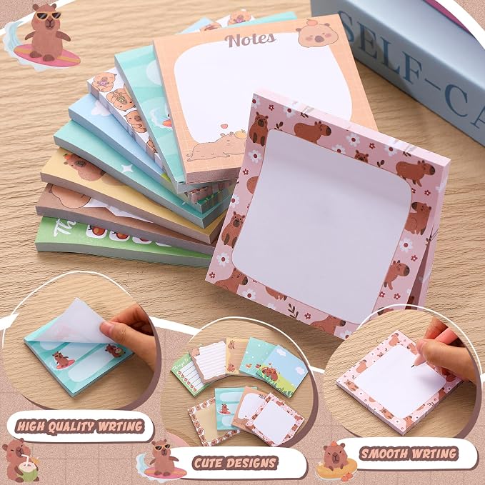 9 Pads Cute Sticky Notes Cartoon Self Stick Notepads 3x3 Inches Notes Adhesive Memo Pad Office Decor Gifts for Students School Teacher Office Meeting(Capybara)