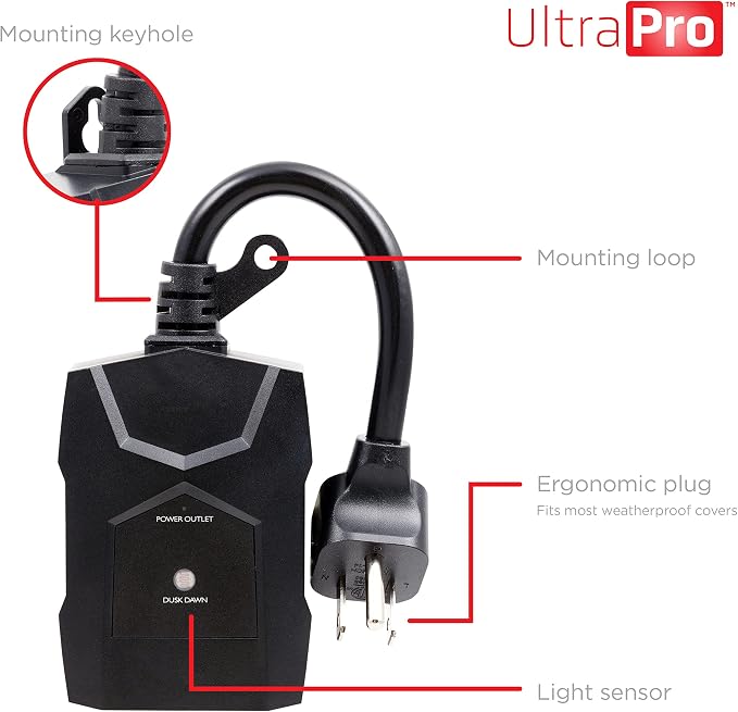 UltraPro Outdoor Dusk to Dawn Outlet Timer, Weather‑Resistant Single Outlet Light Sensor Plug, Automatic Landscape & Seasonal Lighting Control, 1 Pack, Black, 70385