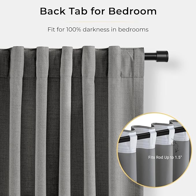 INOVADAY 100% Blackout Curtains for Bedroom, Stoic Gray Black Out Curtains 108 Inch Long, Clip Rings Linen Blackout Drapes, Thermal Insulated Room Darkening for Living Room, 2 Panels - W50xL108