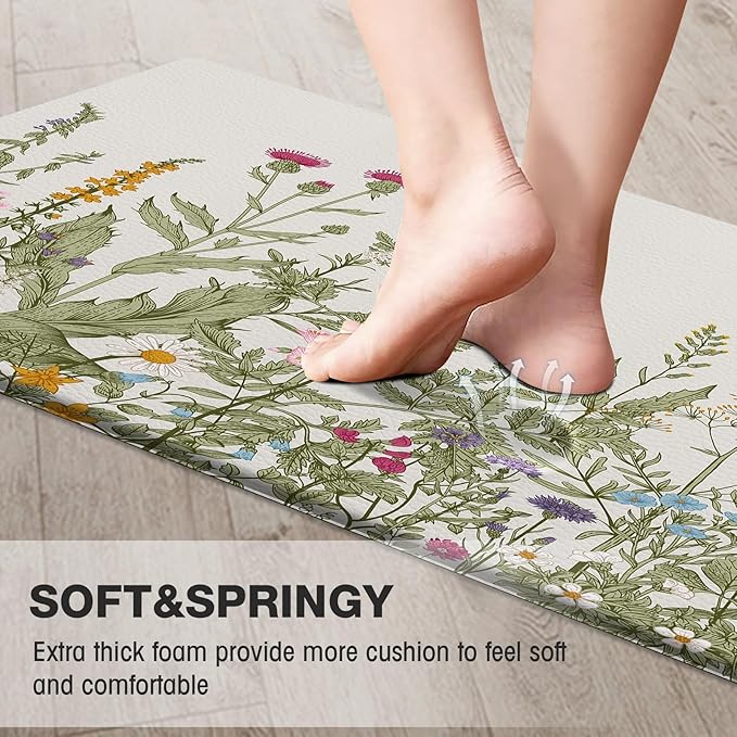 MAYHMYO Anti Fatigue Kitchen Mat Non Slip Waterproof Cushioned Floral Kitchen Rug for Standing Desk Sink Laundry