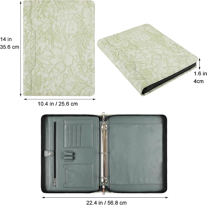 DUKE&COW Vegan Leather Portfolio Binder, 3-Ring Padfolio Organizer, Green