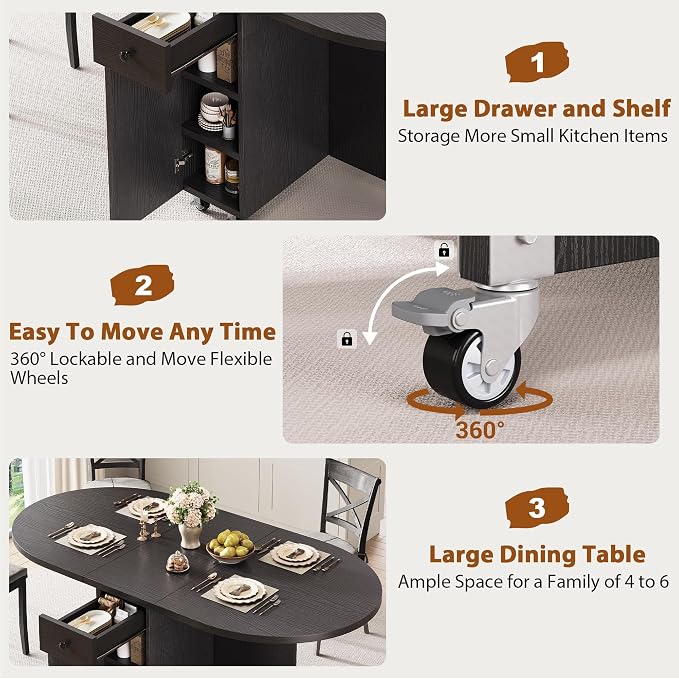 Jocoevol Round Folding Dining Table for 4, Space Saving Drop Leaf Kitchen Table with Storage Drawer, 6 Wheels Oval Gateleg Foldable Dining Table for Small Spaces(Black 47 * 23.6 * 30)