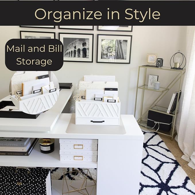 BLU MONACO | Wooden Mail Organizer with Drawer and Gold Labels | Mail Sorter Organizer Countertop for Desk | Paper and Letter Sorter for Office Storage