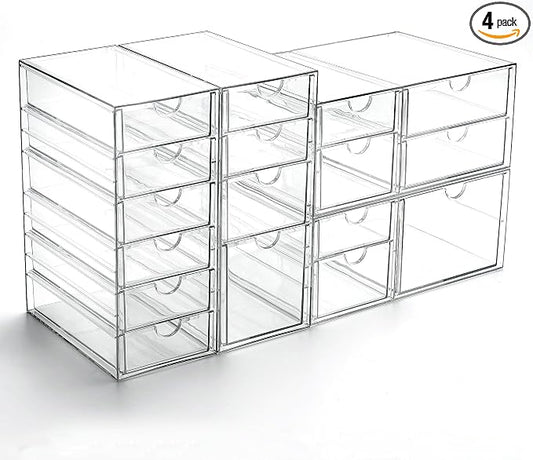 Prsildan Acrylic Drawer Organizer with 17 Drawers, Craft Office Desk Makeup Organizers Accessories, Set of 4 Clear Stackable Storage Drawers for Vanity, Countertop, Jewelry, Art Supply Organization