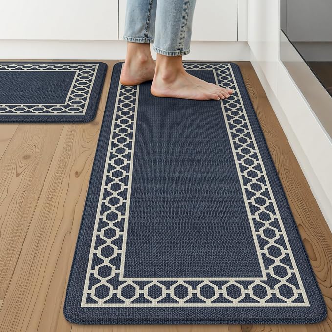 LEEVAN Anti Fatigue Kitchen Mats for Floor, Cushioned Kitchen Mat Set 2PCS | 20"x31"+20"x47", Boho Navy Blue Kitchen Rugs Non-Slip Comfort, Waterproof Ergonomic Standing Mats for Laundry, Office & Sink