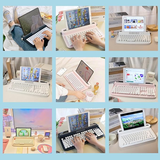 YUNZII ACTTO B303 Wireless Typewriter Keyboard, Bluetooth Connection, Cute Retro Aesthetic Design with Integrated Stand for Tablet, Phone, PC and Win/Mac/Android (B303, Midnight)
