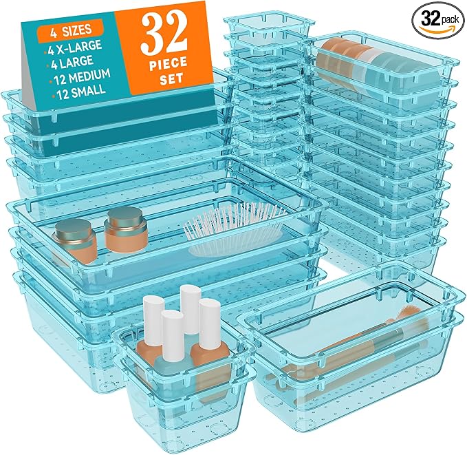 WOWBOX 32 PCS Plastic Drawer Organizer Set, 4 Sizes Desk Drawer Organization and Storage Containers for Makeup, Cosmetics, Jewelry and Gadgets in Kitchen, Bathroom, Bedroom, Office, Clear Sea Blue