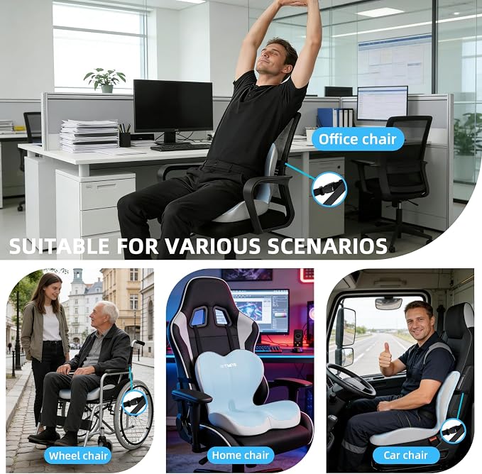 Ergonomic Memory Foam Seat Cushion with Strap for Office Chair, Blue Grey | Contoured coccyx cutout supports back and butt, with a non-slip base and washable cover for office chairs and cars.