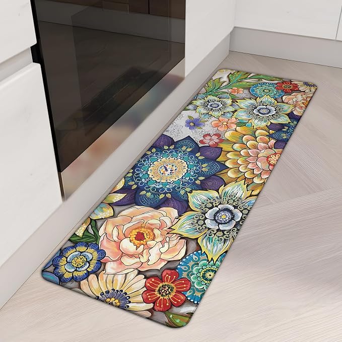 Floral Long Kitchen Runner Rug for Floor, Boho Cushioned Anti-Fatigue, Non-Slip Standing Desk, Waterproof Comfort Mat for Sink, Office, Laundry, 17.3x59 Inch