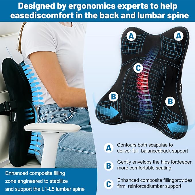 Lumbar Support Pillow, Memory Foam Back Cushion for Car & Office Chair - Black