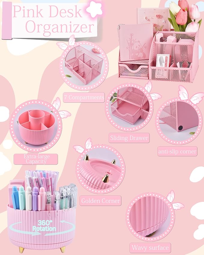 Pink Desk Accessories and Organizers with Desk Organizer and 360°Rotating Pen Holder stapler Pen and a Lot of Office Pink Office Supplies Beautifully Presented in a Gift Box