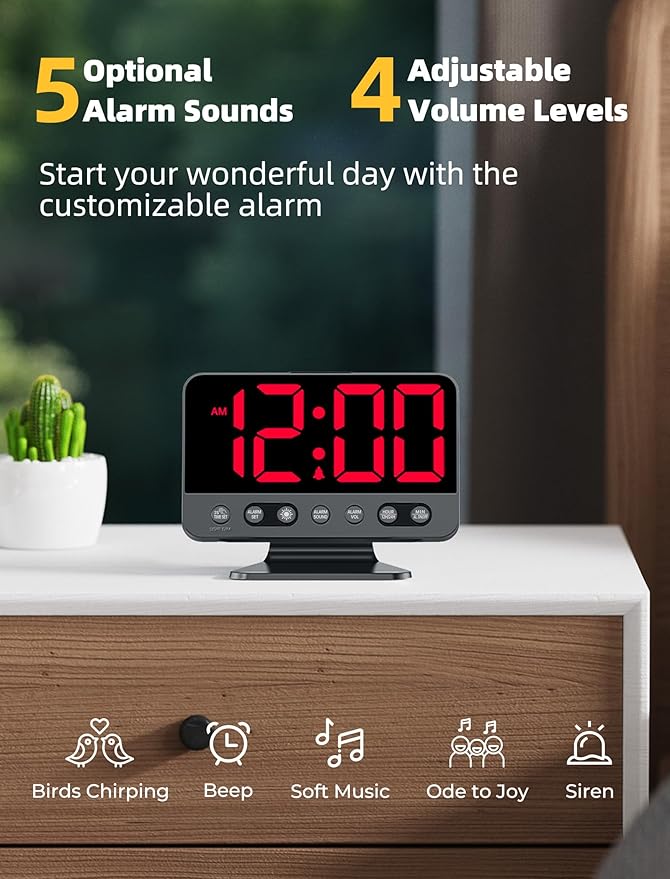 Odokee Digital Alarm Clocks for Bedrooms with Large Bold Number | Electric Desk Clock with Night Light & Brightness Dimmer - Loud Alarm for Heavy Sleepers with Adjustable Volume - Red