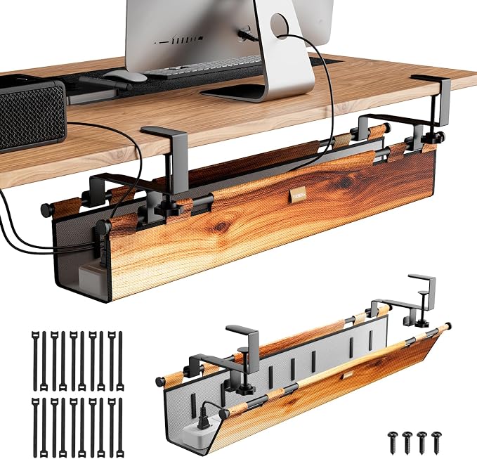 No Drill Thickened Under Desk Cable Management,38.5In,Wood-Grain | Upgraded Double-Layer Extra Thick Standing Desk Wire Management,Cord Organizer with Clamp/Screw Mount,for Office,Home