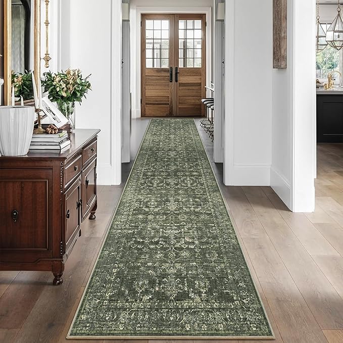 3x12 Green Runner Rug Hallway Washable Area Rugs Kitchen Vintage Boho Non Slip Long Rug Floral Carpet Indoor Retro Soft Low Pile Throw Rug for Bedroom Bathroom Laundry Dining Living Room Office