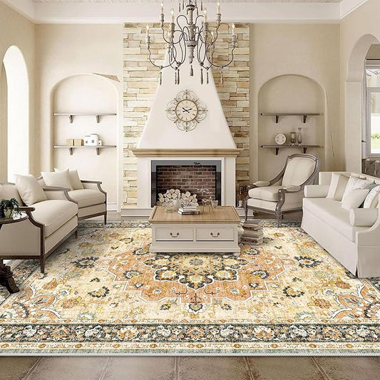 TOPRUUG Washable Oriental Area Rug - 9x12 Rugs for Living Room Soft Carpet for Bedroom Waterproof Floral Distressed Indoor Stain Resistant Non-Shedding Floor Carpets (Orange, 9x12)