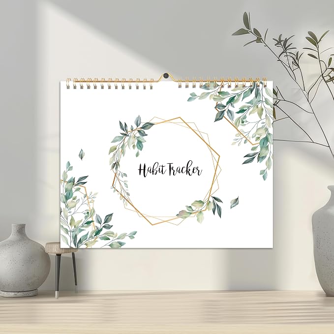 Habit Tracker Calendar - 12 Months Undated Daily Weekly & Monthly Period Habit Tracker Journal, Greenery Floral, Spiral Binding & Hanger, 7.8"x10"