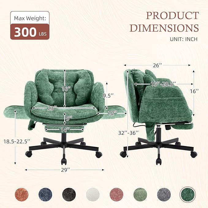 Criss Cross Office Chair with Footrest and 5-Gear Adjustable Arms, Green | Wide seat cross-legged desk chair, flip lumbar pillow, airbag support, chenille fabric, for home office vanity and meditation