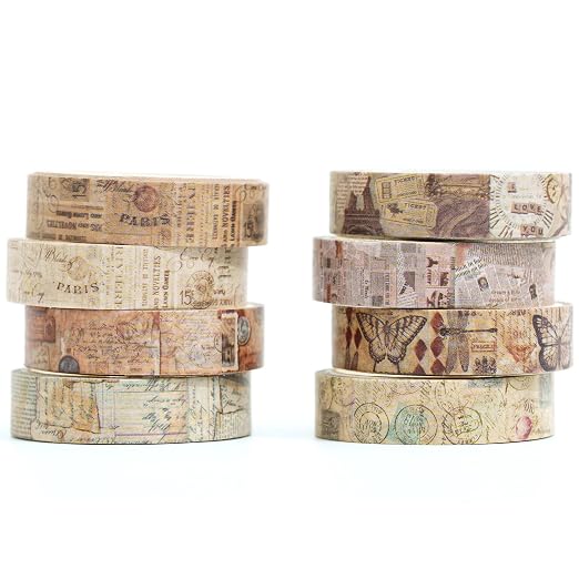 Vintage Washi Tape Set 8 Rolls Thin Retro Decorative Antique Patterns Masking Tapes for Arts, DIY Crafts, Journals, Planners, Scrapbook, Wrapping (Junk Books)